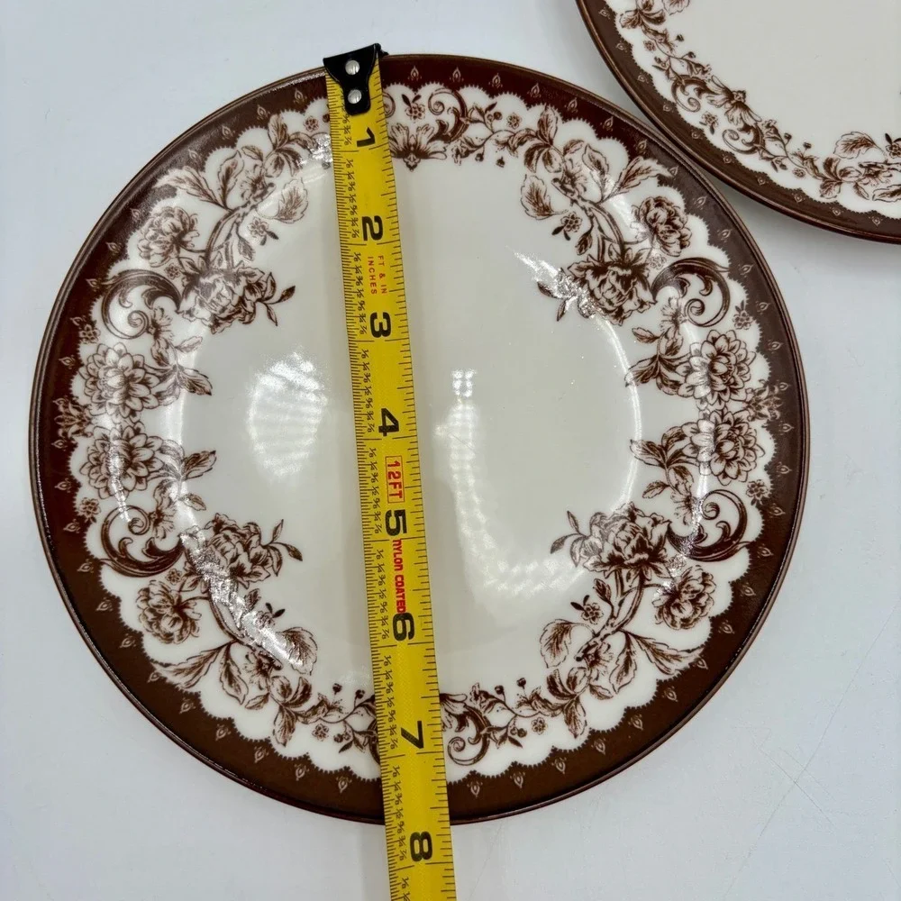 Floral Brown Toile Salad Dessert Plates Decorative Border Dinnerware Set Of 2